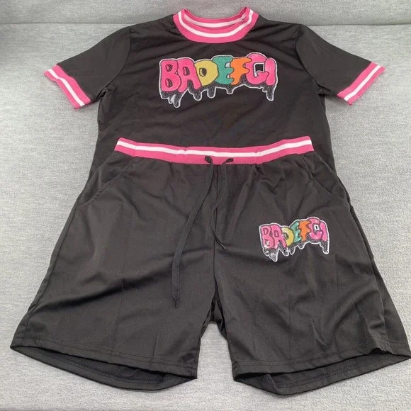 Women Black Bodycon Shirts & Shorts with Sequined Front Logo Set Size XL (A41) - Picture 2 of 13